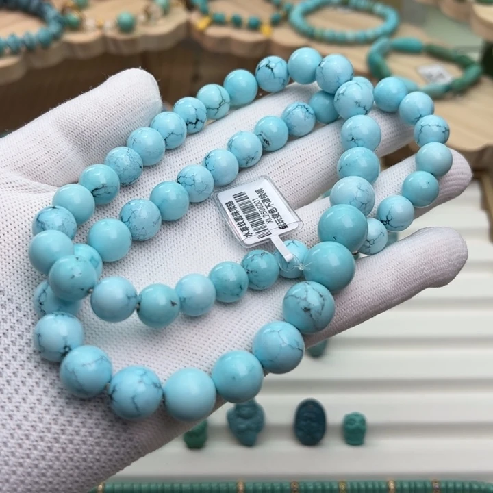 18K金镶嵌绿松石珠宝奇石水草纹圆珠项链