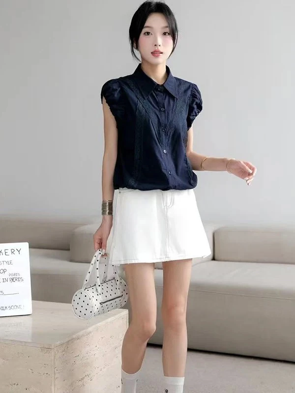 夏季短袖蕾丝拼接显瘦百搭衬衫女2538