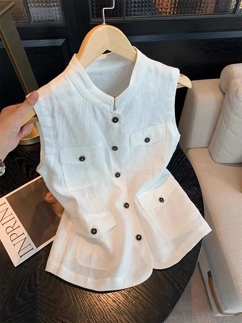 欧货高级感轻熟风白色无袖上衣新款立领系扣轻奢马甲女2025年夏季