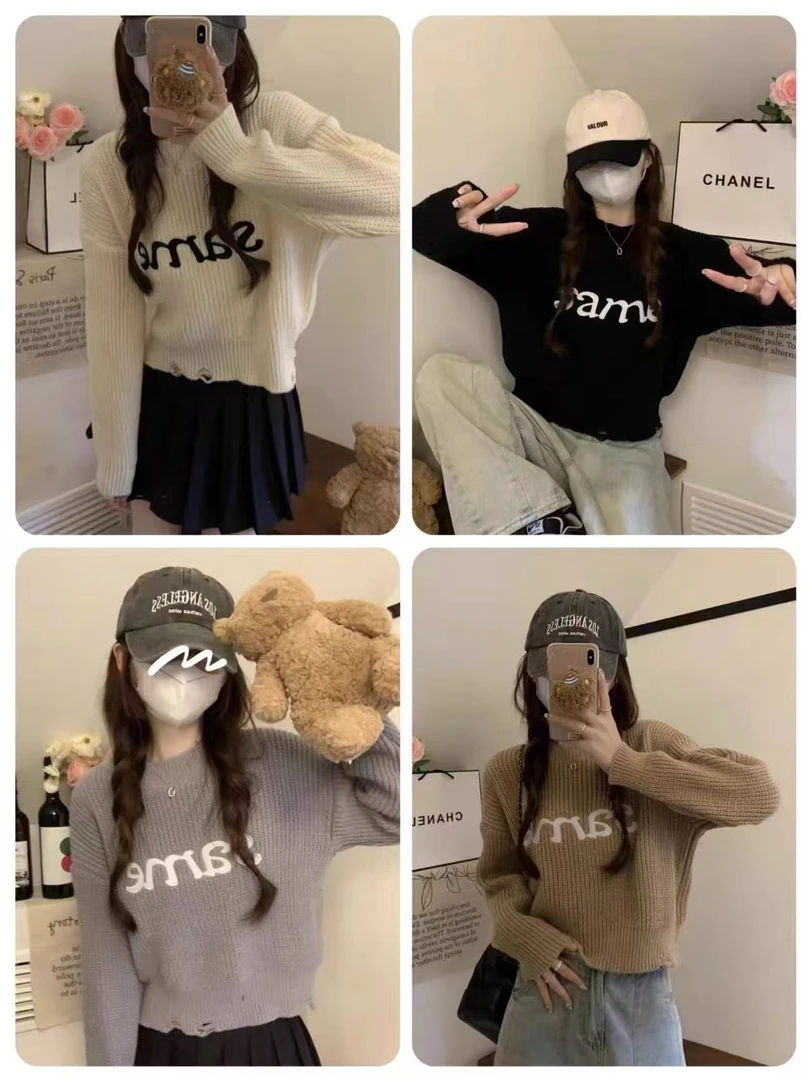 304女士新款慵懒风圆领长袖字母针织衫