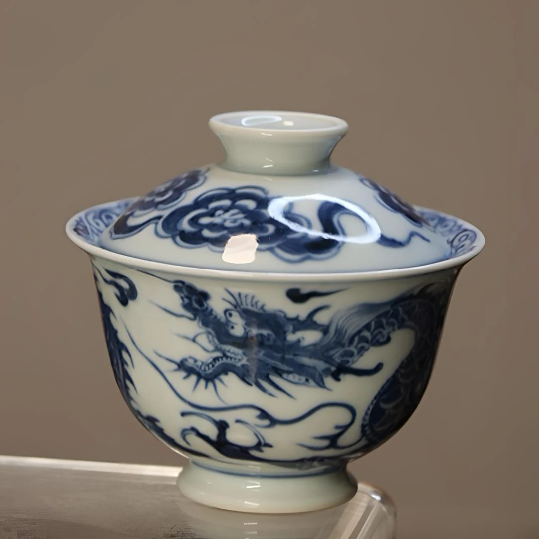 【拾物】仿元青花龙纹二才盖碗泡茶陶瓷青花瓷釉下彩瓷盖碗釉下青