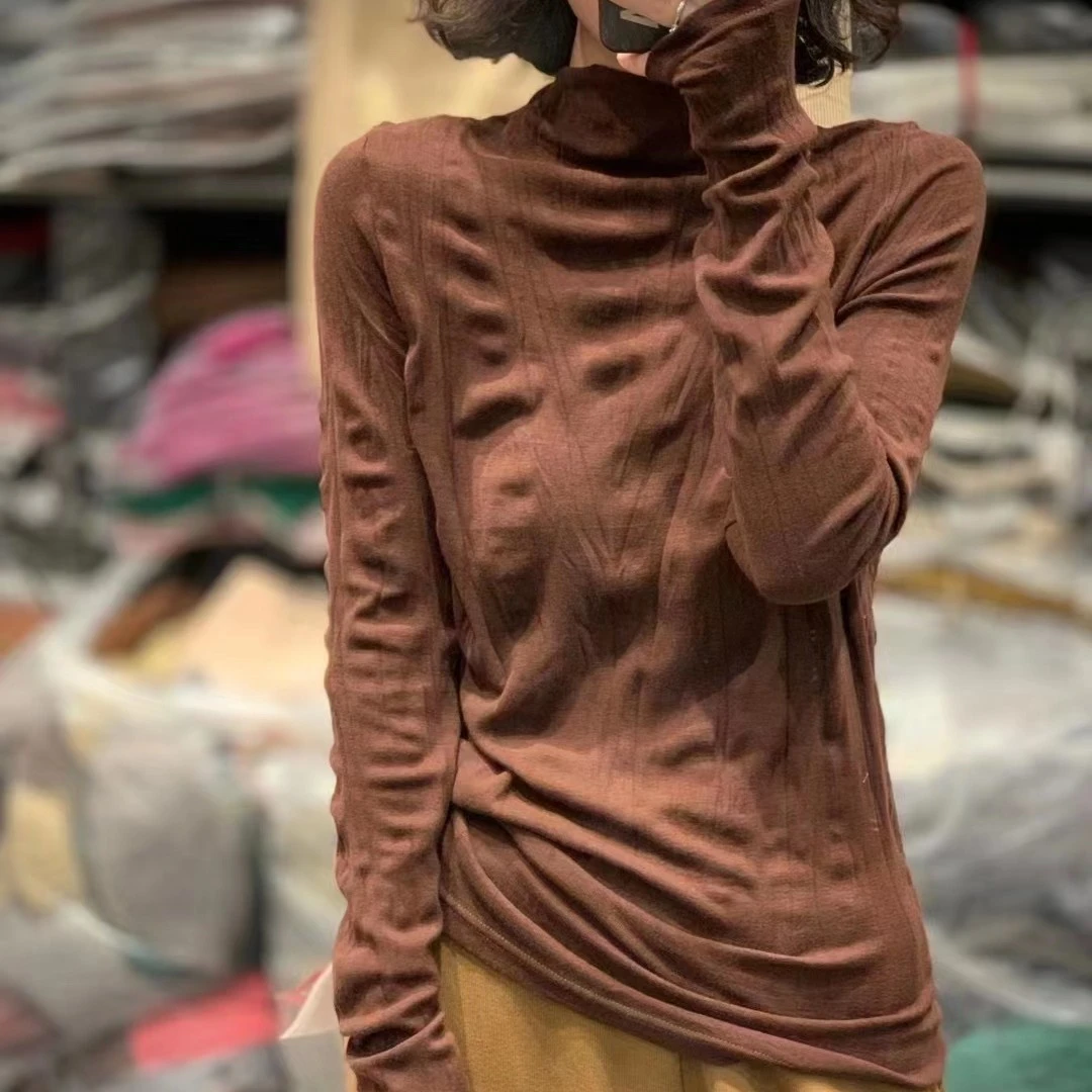 忆古朴拙半高领褶皱宽松修身长袖秋冬女针织衫 保暖打底衫220916