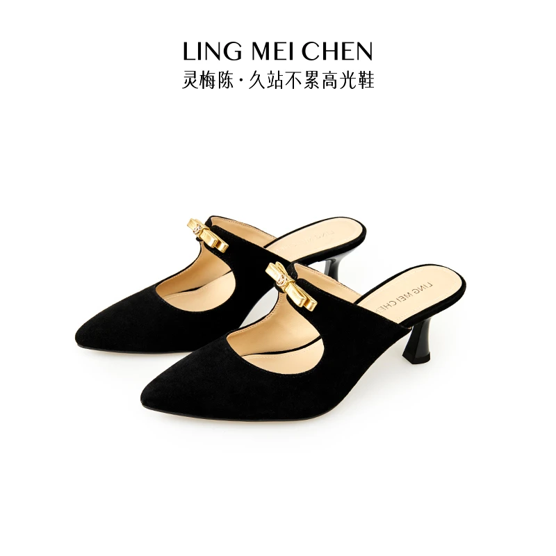 【羊绒穆勒拖】夏季时尚百搭外穿羊绒黑色中跟包头尖头高跟鞋拖鞋