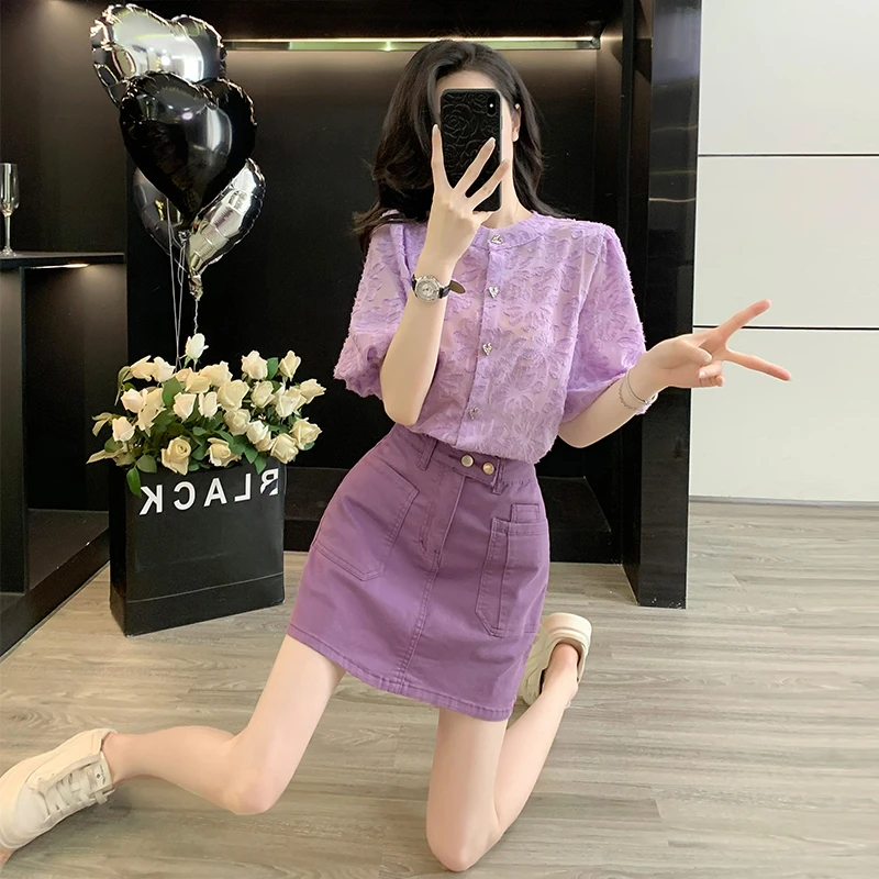 夏装穿搭一整套独特绝美紫色衬衫A字牛仔炸街半身裙时尚两件套装