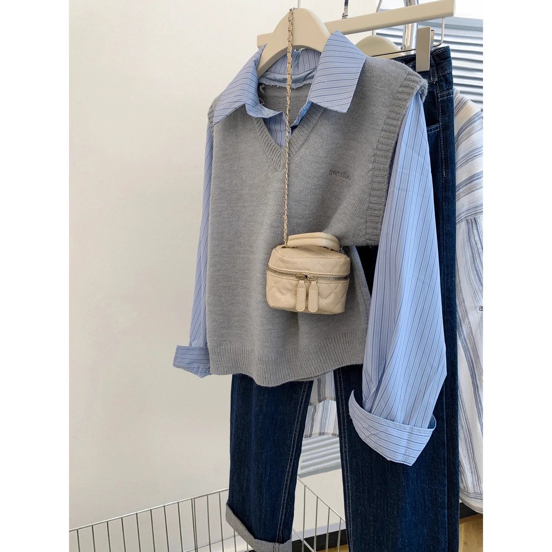 灰色针织毛衣背心拼接假两件条纹衬衫女韩系穿搭Polo领开衫上衣春