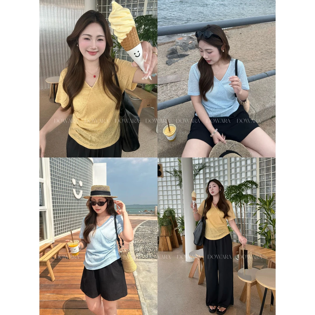 现货9626X大婉酱肉肉微胖定制【麦穗T】交叉式领腰部捏褶设计感上衣