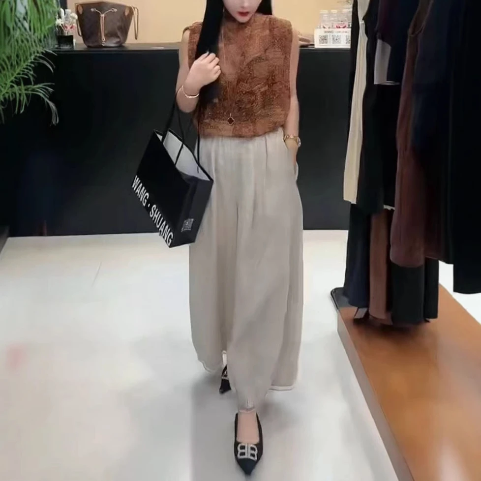 2025夏季新款网红时尚高级感洋气显瘦复古无袖上衣高腰阔腿裤洋气