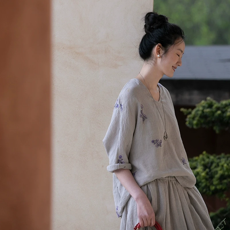 牧衣原创 匹绣亚麻质套头衫新品V领轻薄通透质朴文艺上衣 竹生