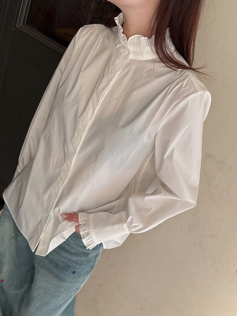 白鹭歌颂 拼接木耳边立领长袖棉衬衫上衣篙级感洋气减龄衬衫