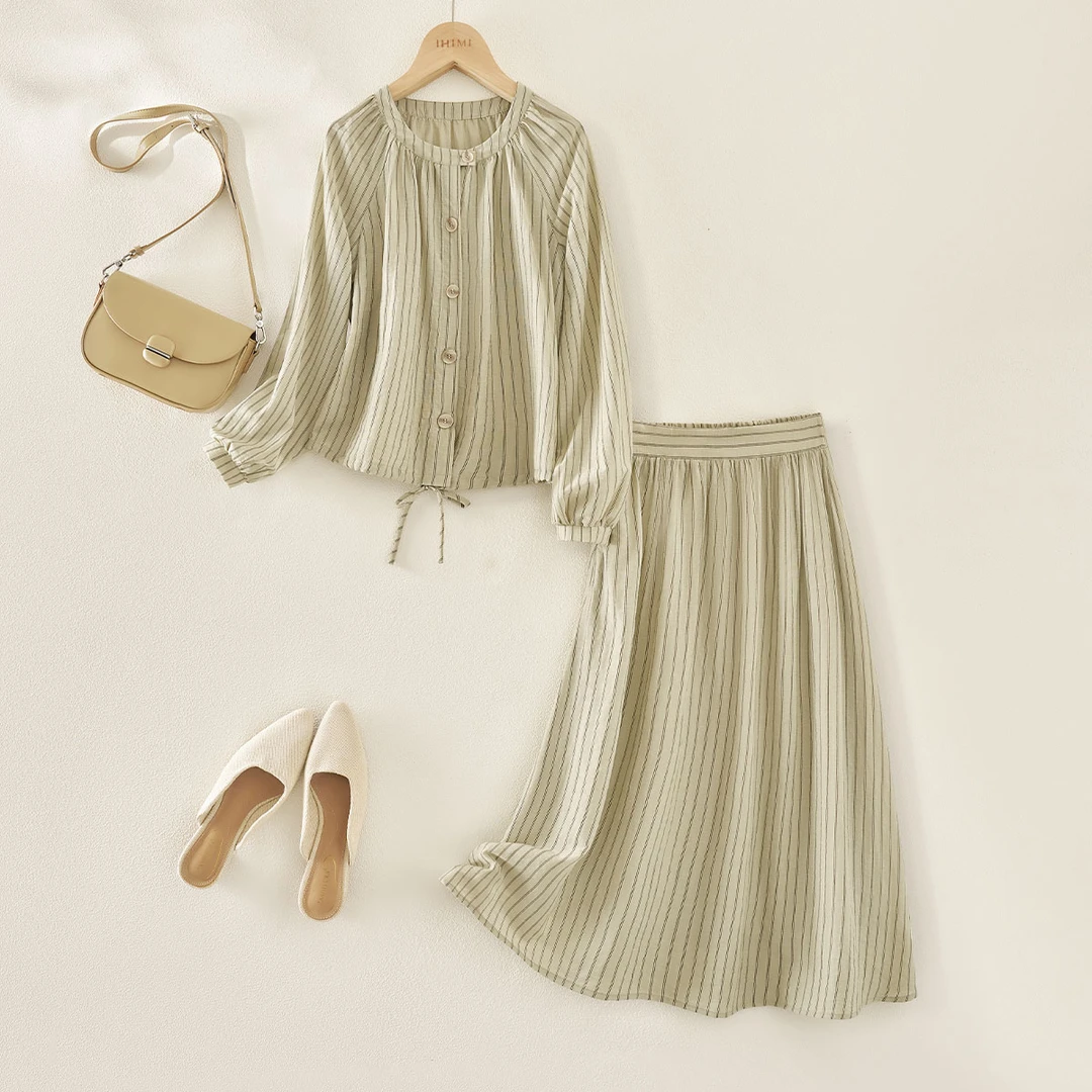 IHIMI/海谧【奥莱】抽绳圆领衬衫外套半身裙24秋款女优雅半身裙套装