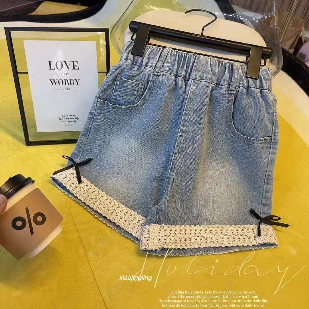 【陈思晨】夏季最新款高腰宽松女童短裤中大童女孩花边牛仔裤9105