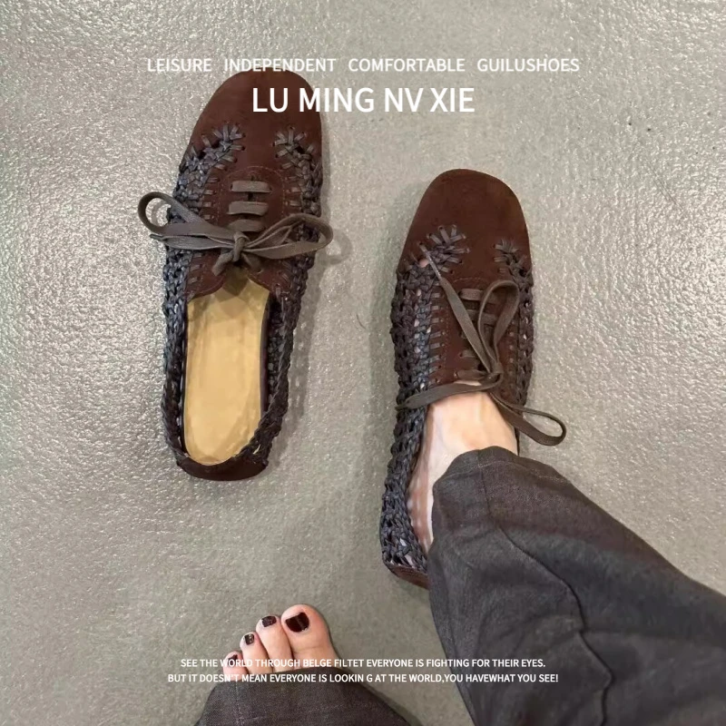 羊皮版~法式复古风时尚小众女运动编织镂空软女士复古风平底德训