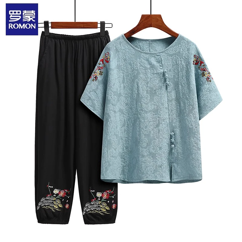 罗蒙奶奶夏装套装中老年人女装短袖棉麻上衣妈妈两件套老太太衣服