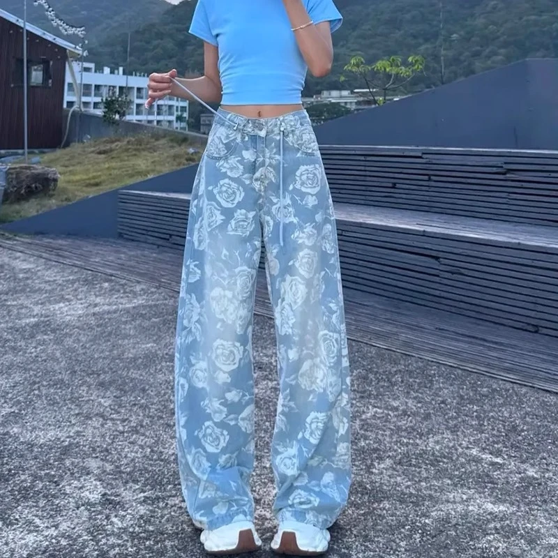 设计感提花抽绳阔腿牛仔裤女2025夏季新款高腰宽松显瘦直筒拖地裤