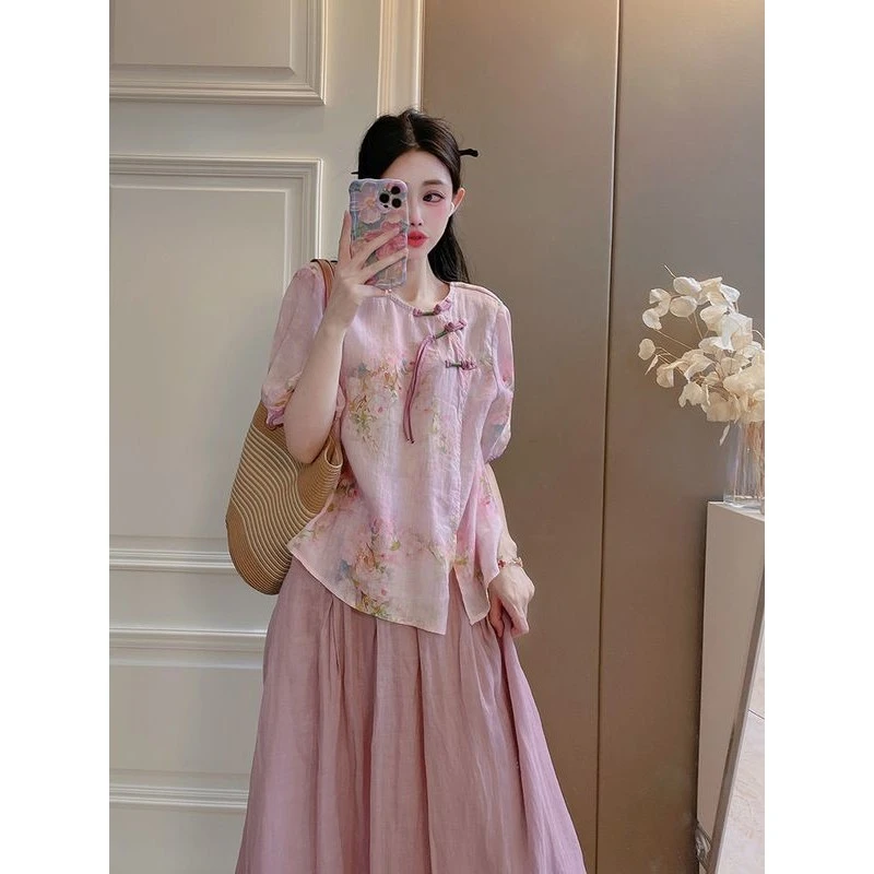 新中式盘扣上衣女短款衬衫夏季文艺禅意茶服轻薄棉麻小衫两件套装