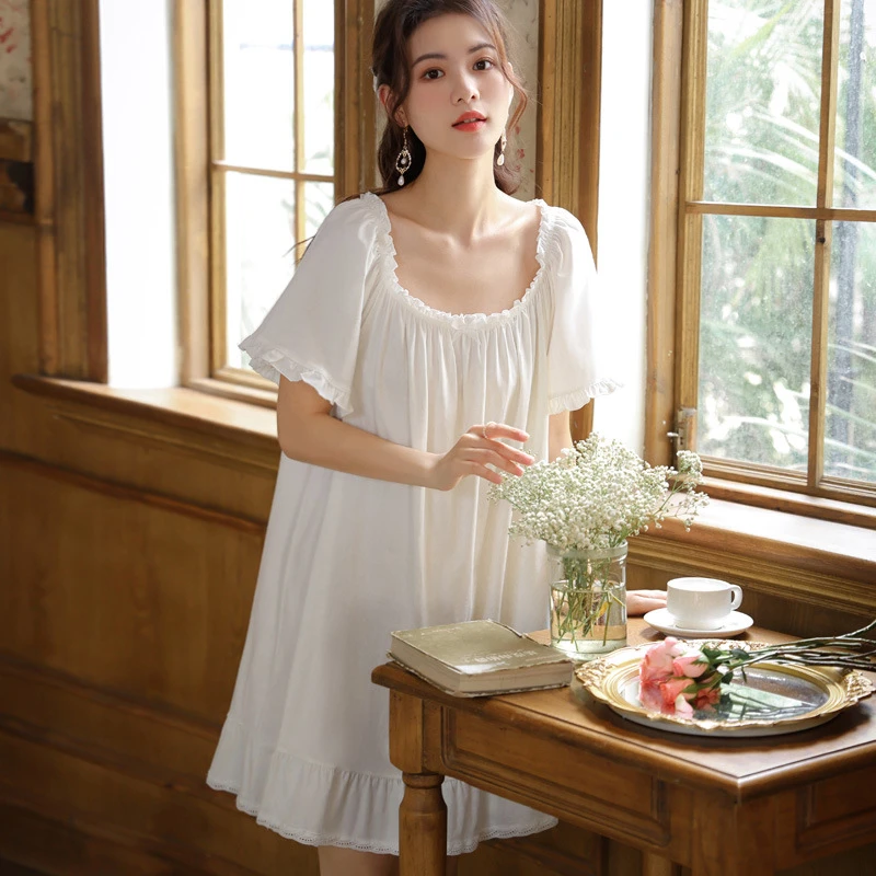 短袖睡裙女夏棉宫廷风甜美宽松大码中长可外穿家居服柔软舒适睡衣