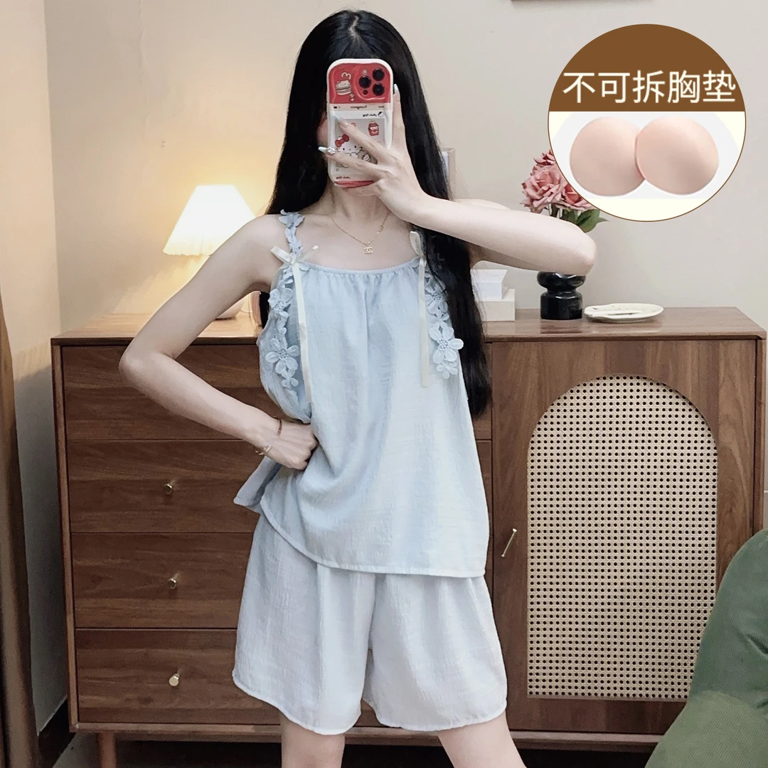 带胸垫睡衣女夏季甜美蓝色小个子2025新款夏天薄款吊带家居服套装