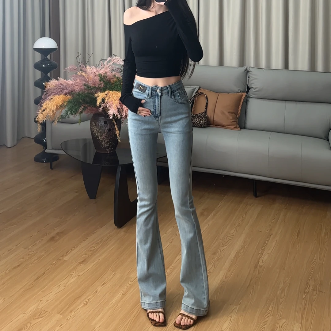 浅蓝色微喇牛仔裤女2025年春季新款高腰显瘦小个子弹力马蹄喇叭裤