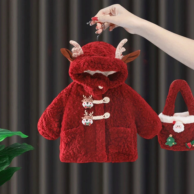 女童圣诞外套冬装2025新款儿童衣服女宝宝一体绒保暖拜年上衣冬季