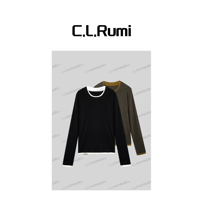 【Rumi精选】“抹茶拿铁T”休闲百搭圆领拼色羊毛宽松T恤6097sy