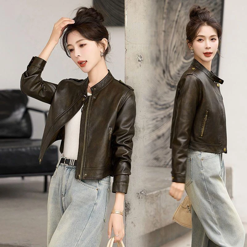 酷飒风短款皮衣韩版女春秋新款小个子机车时尚显瘦立领皮网红夹克