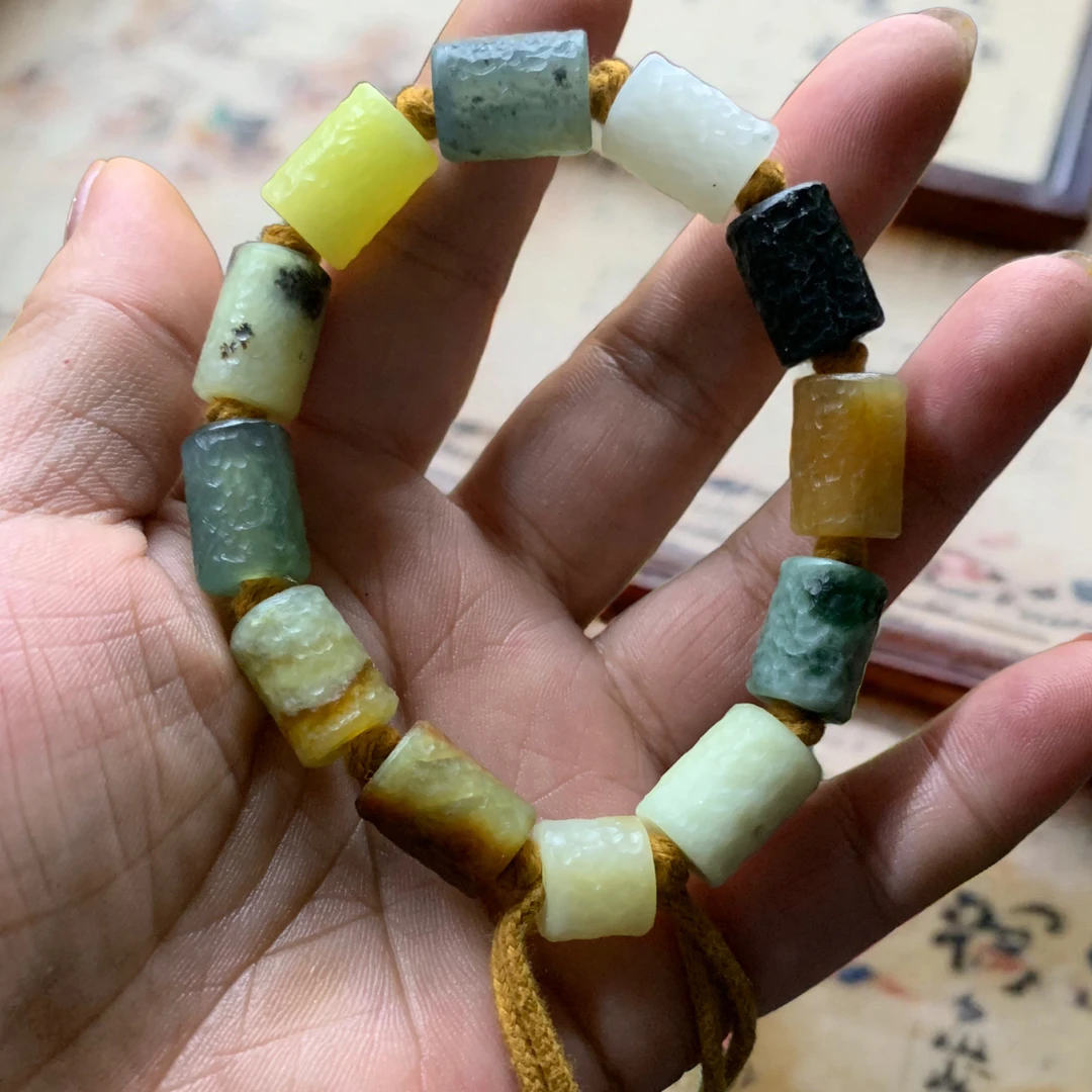 天然岫玉手工锤纹花玉多宝桶珠手串男女同款