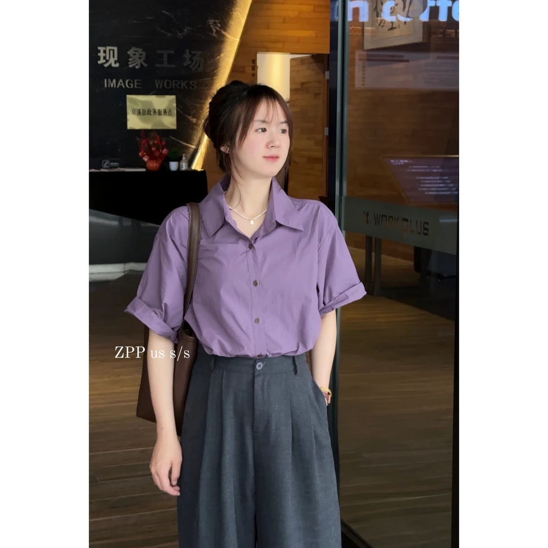 ZPP•夏新款百搭显瘦多巴胺袖子卷边polo领纯棉短袖衬衫上衣衬衣