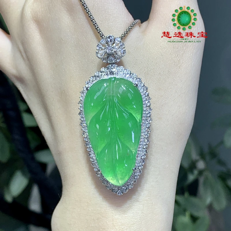 春日珠宝天然缅甸A货翡翠浓阳绿叶子吊坠H