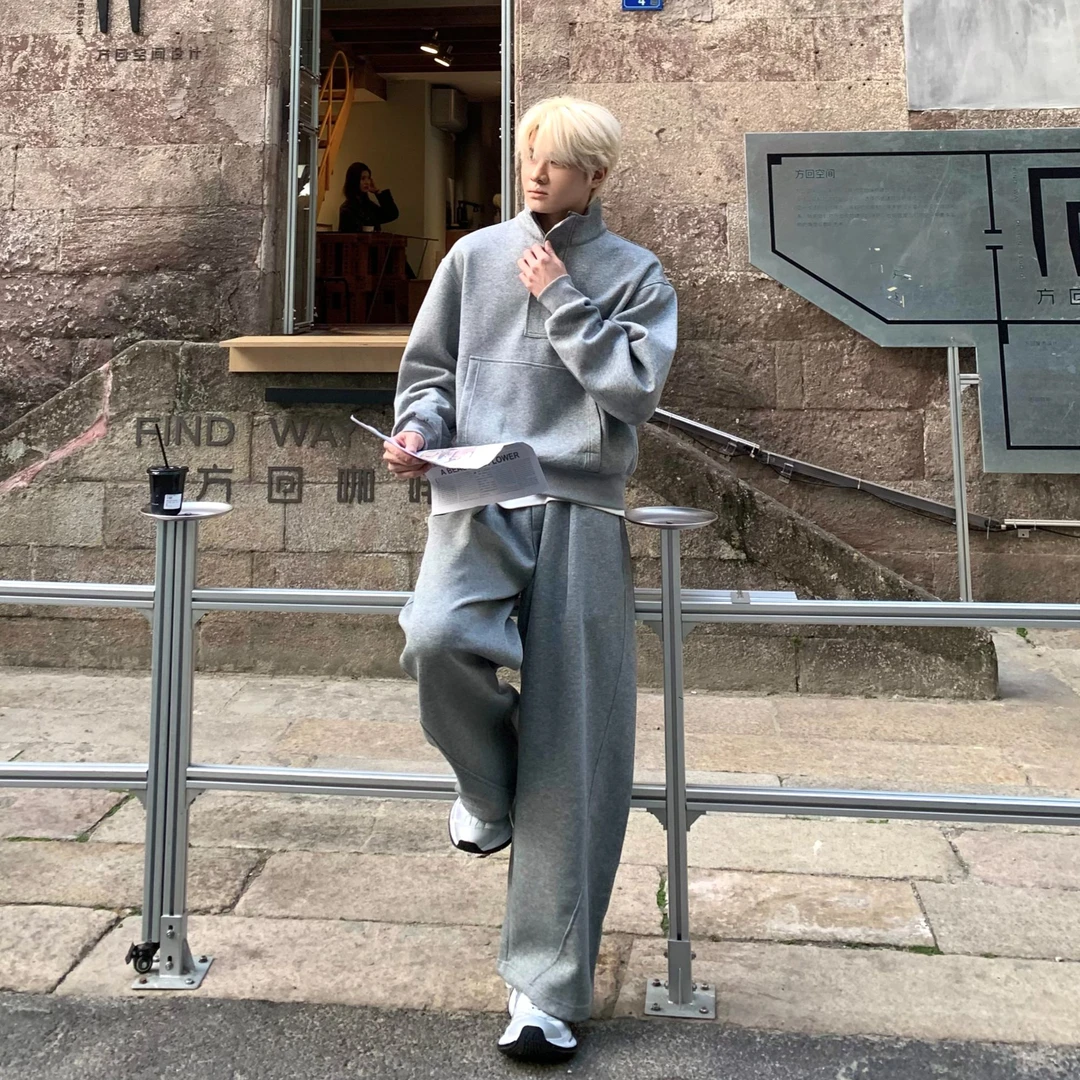 Woosine 立领休闲运动套装两件套灰色百搭长裤宽松短款松紧腰简约