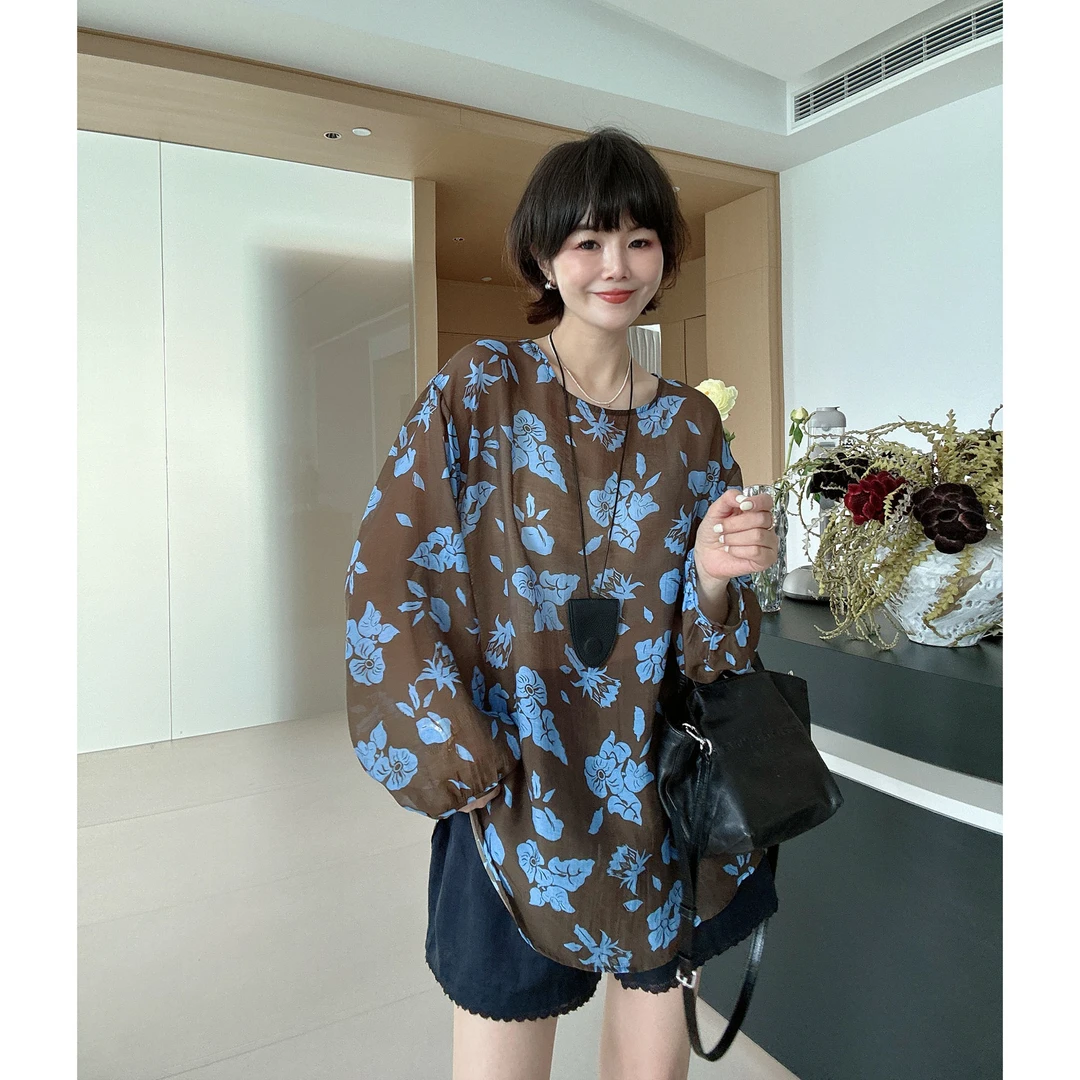 夏季高级感复古碎花宽松圆领薄款防嗮衬衫上衣