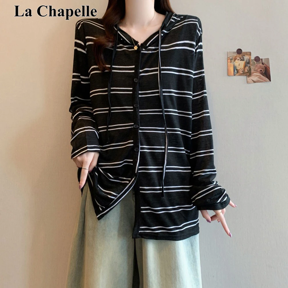 拉夏贝尔大码女装百搭长袖条纹开衫T恤女2025秋连帽宽松休闲上衣