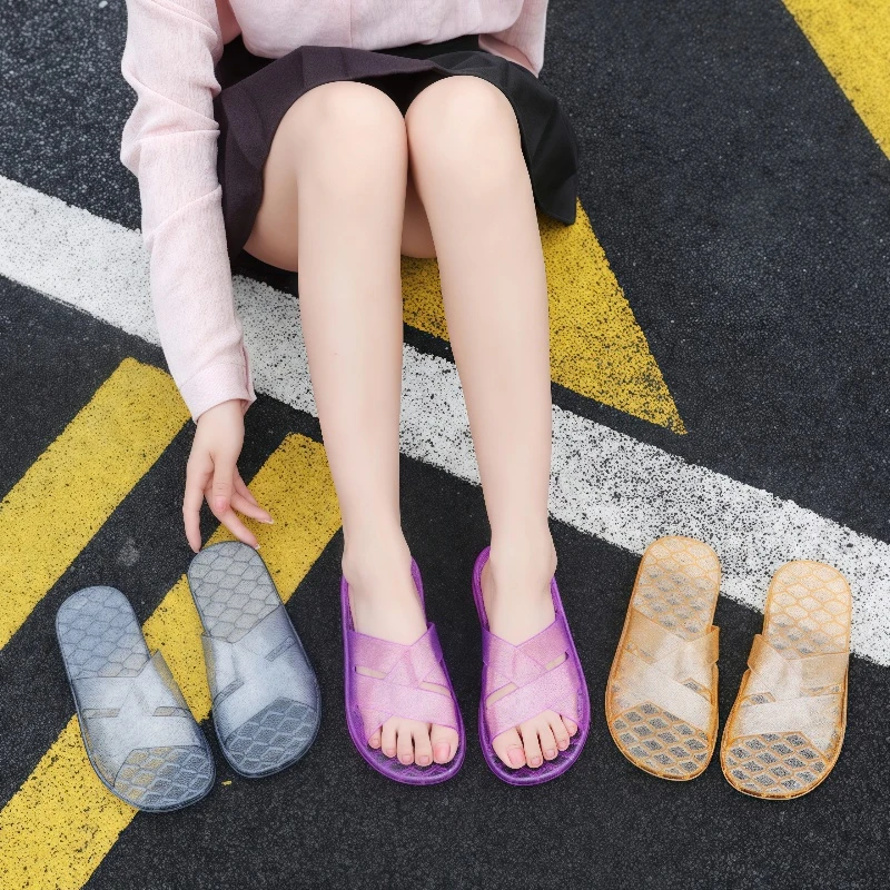 水晶拖鞋女士一字拖韩版平底浴室夏季防滑磨砂休闲厚底防臭居家鞋