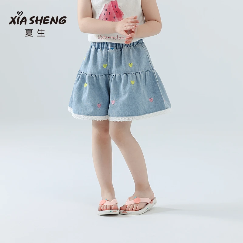 夏生爱心刺绣牛仔短裤女童蕾丝拼接轻薄透气休闲裤子儿童夏装新品