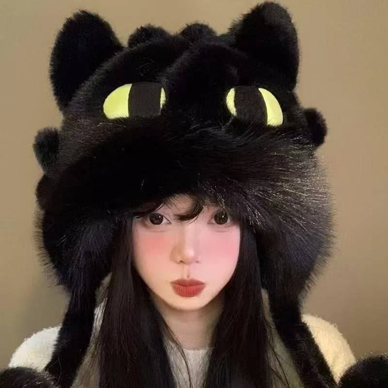 乌鸦崽崽冬季无檐女公主风秋冬休闲风帽子黑色情侣挂脖毛绒