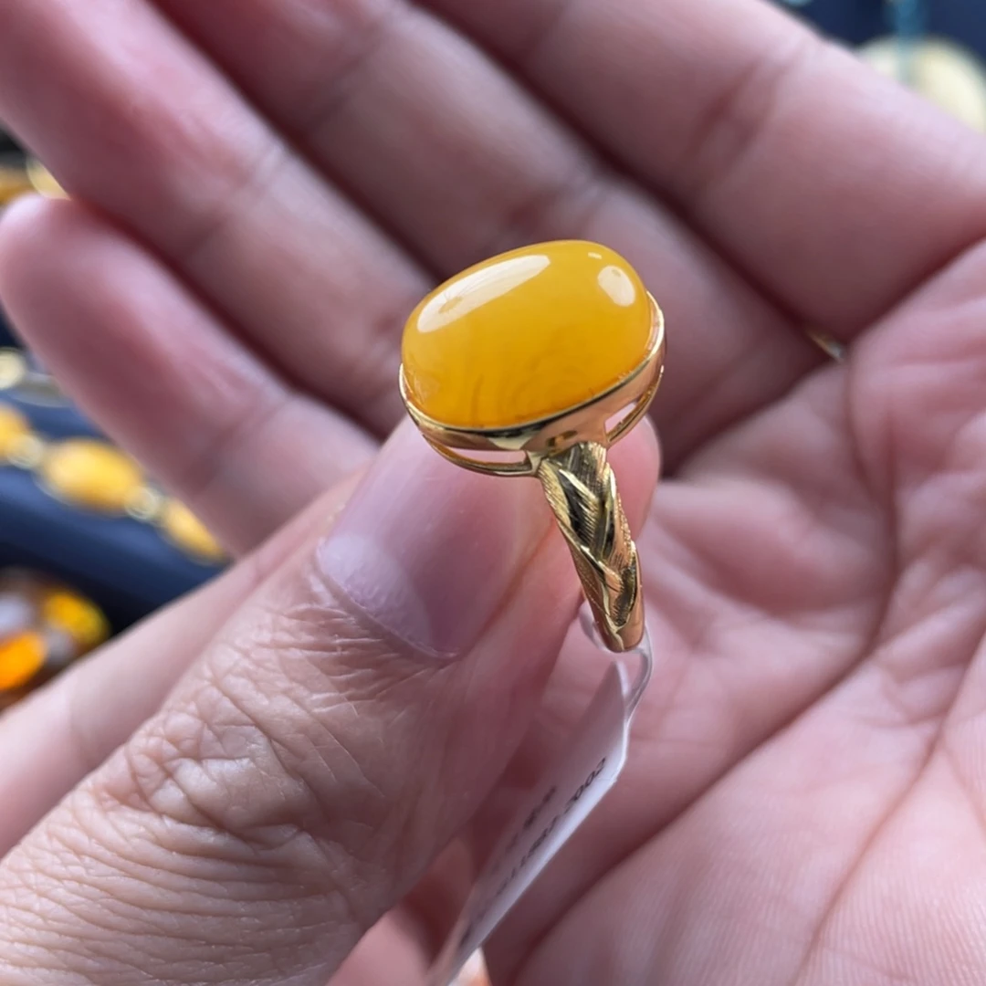 蜜蜡戒指银S925镀金镶嵌