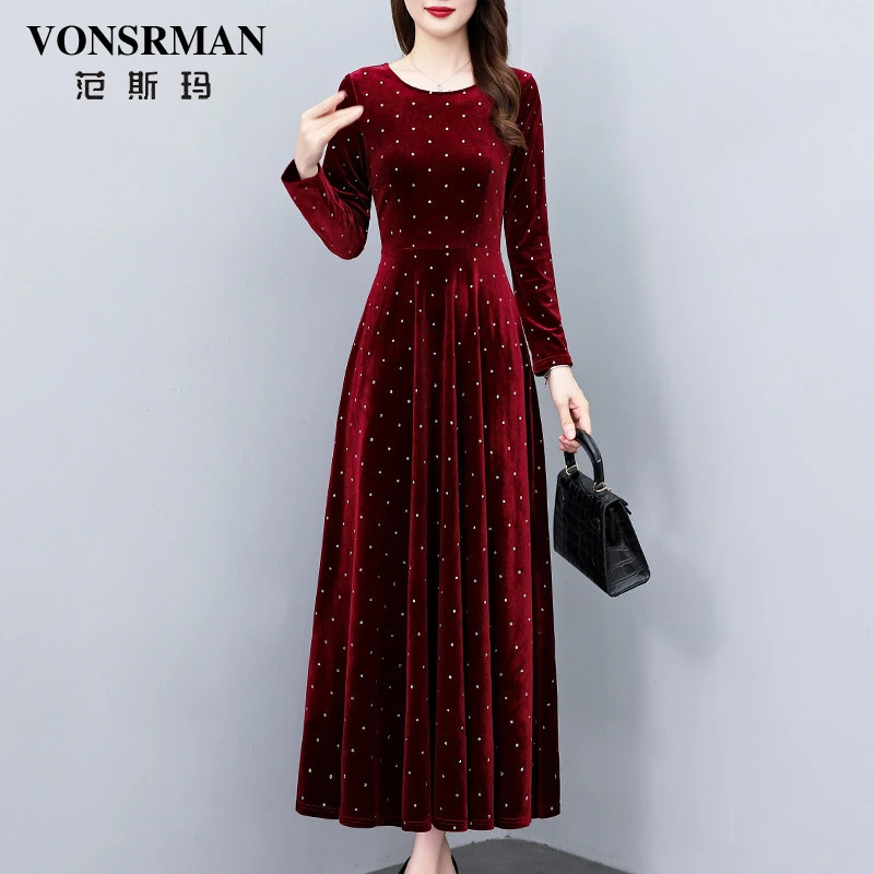 VONSRMAN波点丝绒连衣裙女2025秋季新款时尚高端奢华气质修身长裙