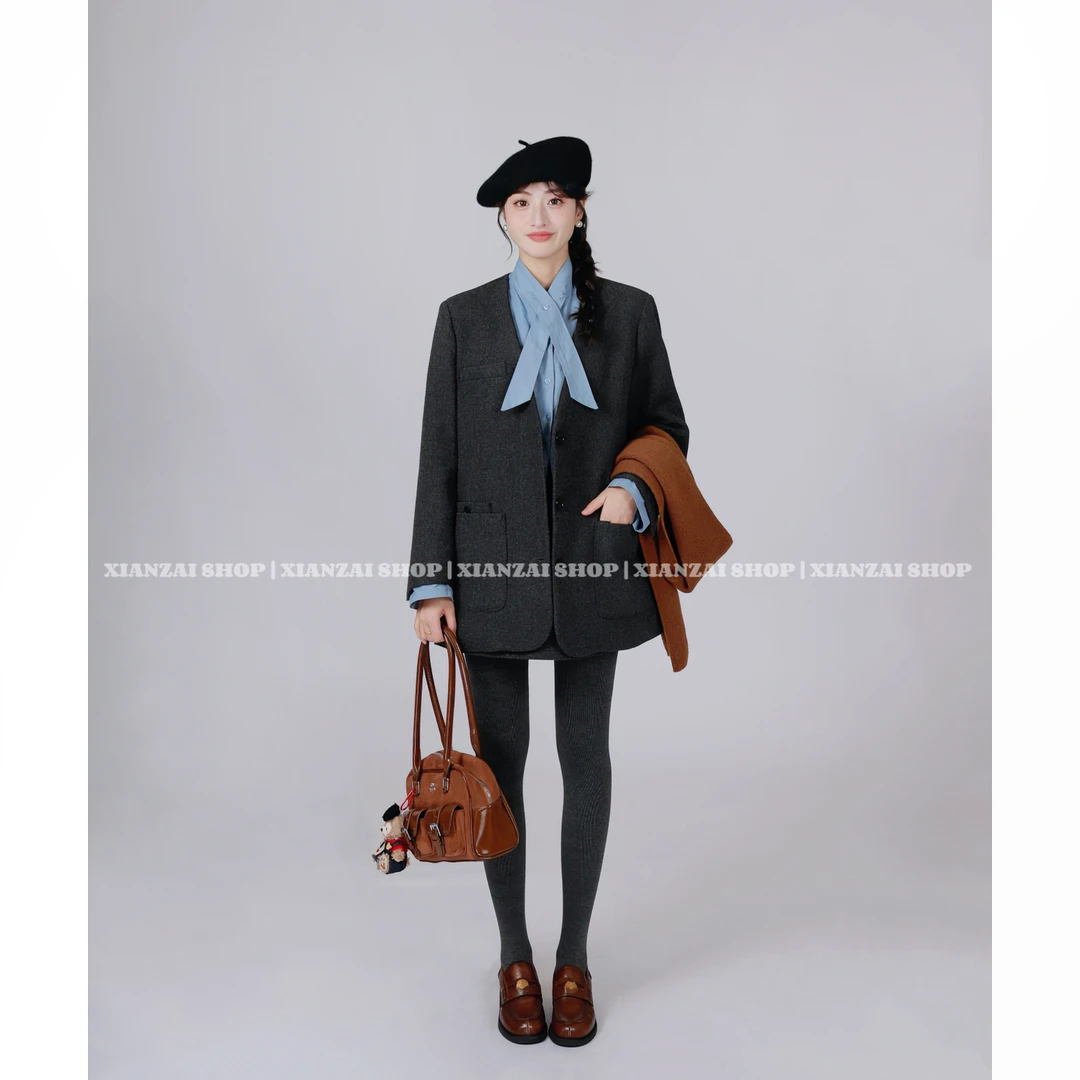 XIANZAI【叠穿少女】冬季新款拼接保暖鹅绒服外套半身裙两件套装