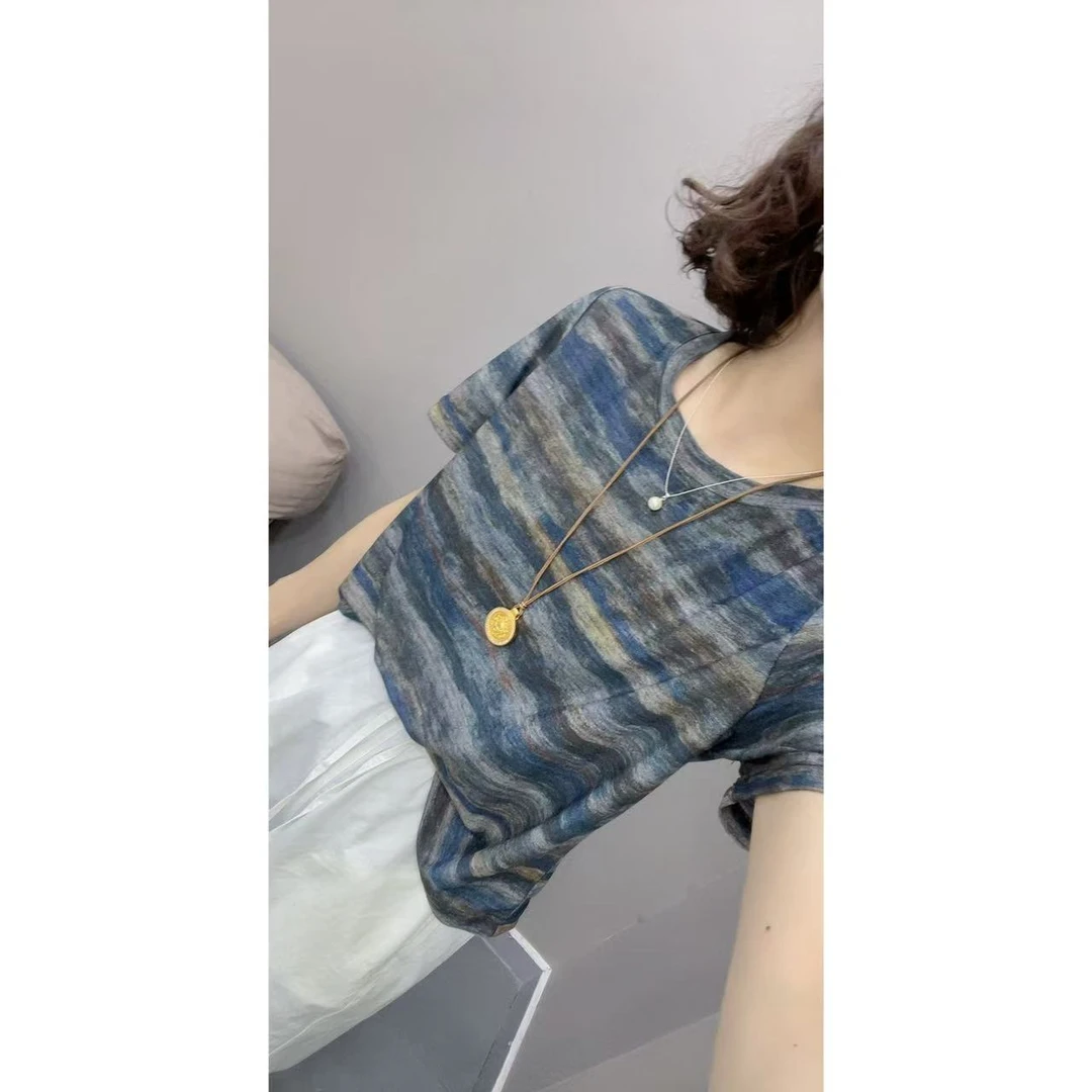 新品 扎染条纹短袖