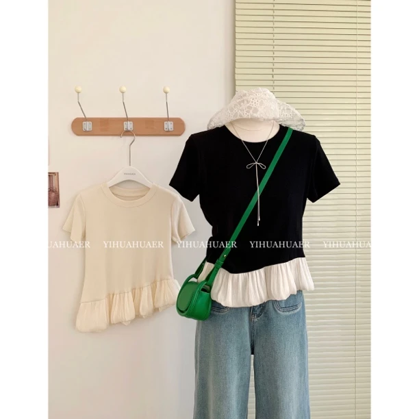 【法式浪漫】东大门韩系拼接不规则蕾丝下摆纯色百搭气质T恤2587