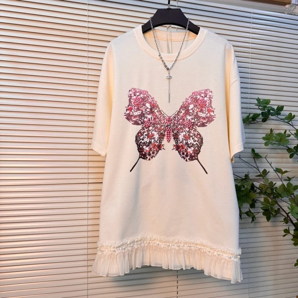 大码中长款上衣遮肚子蕾丝时尚夏季宽松显瘦减龄圆领轻奢休闲重工