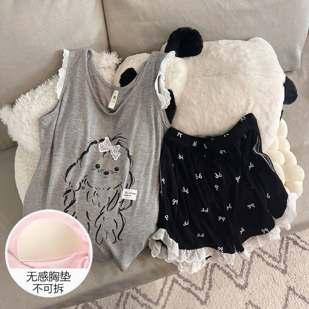 睡衣女士夏季吊带网红风凉感带胸垫2025新款小萌狗背心套装家居服