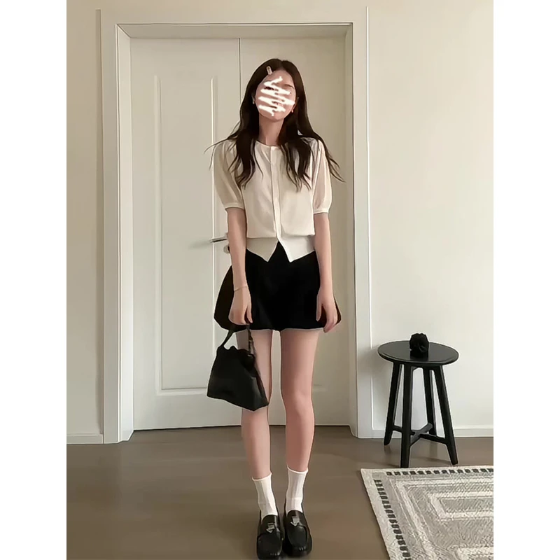 A1713#夏季新款女韩系穿搭圆领宽松针织上衣气质百搭高腰半身裙裤