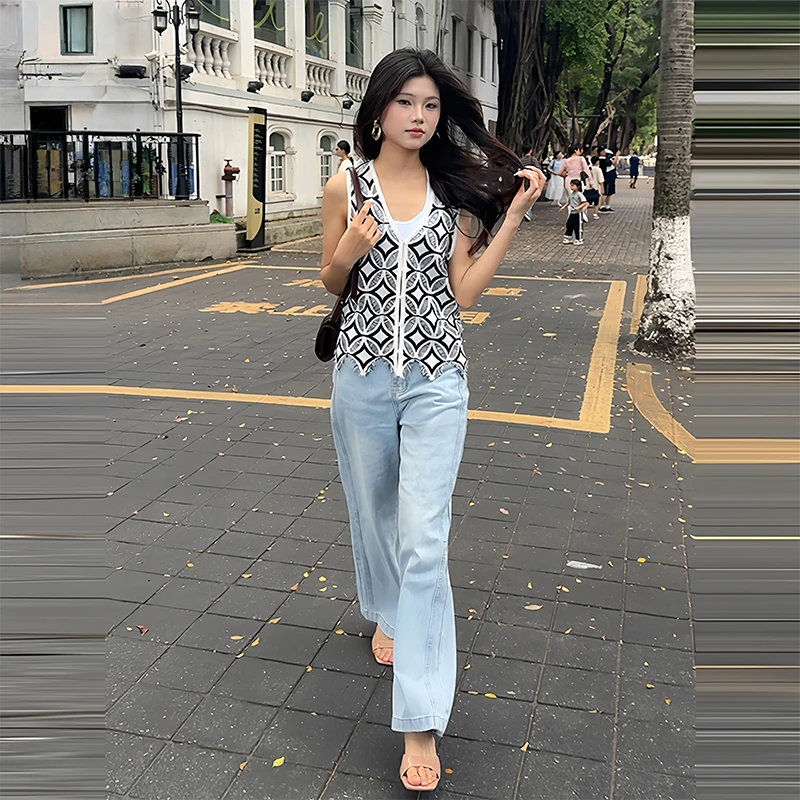 宽松时尚套装洋气衣服女气质显瘦格子夏季针织无袖牛仔法式