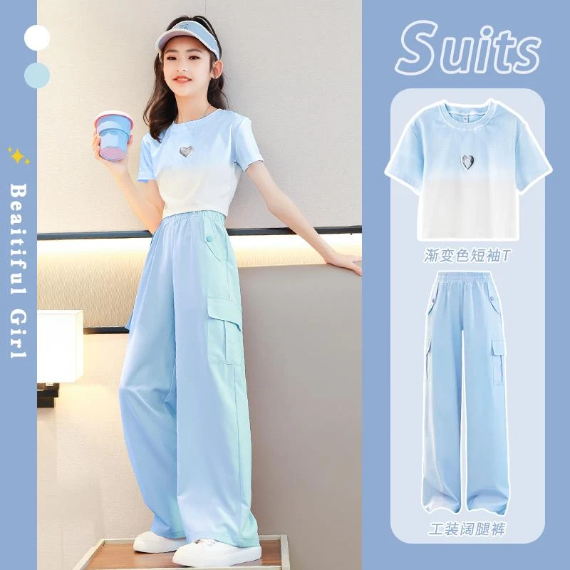 FAVMARTHA工装裤女童夏季套装2025新款儿童运动短袖潮酷夏装大童