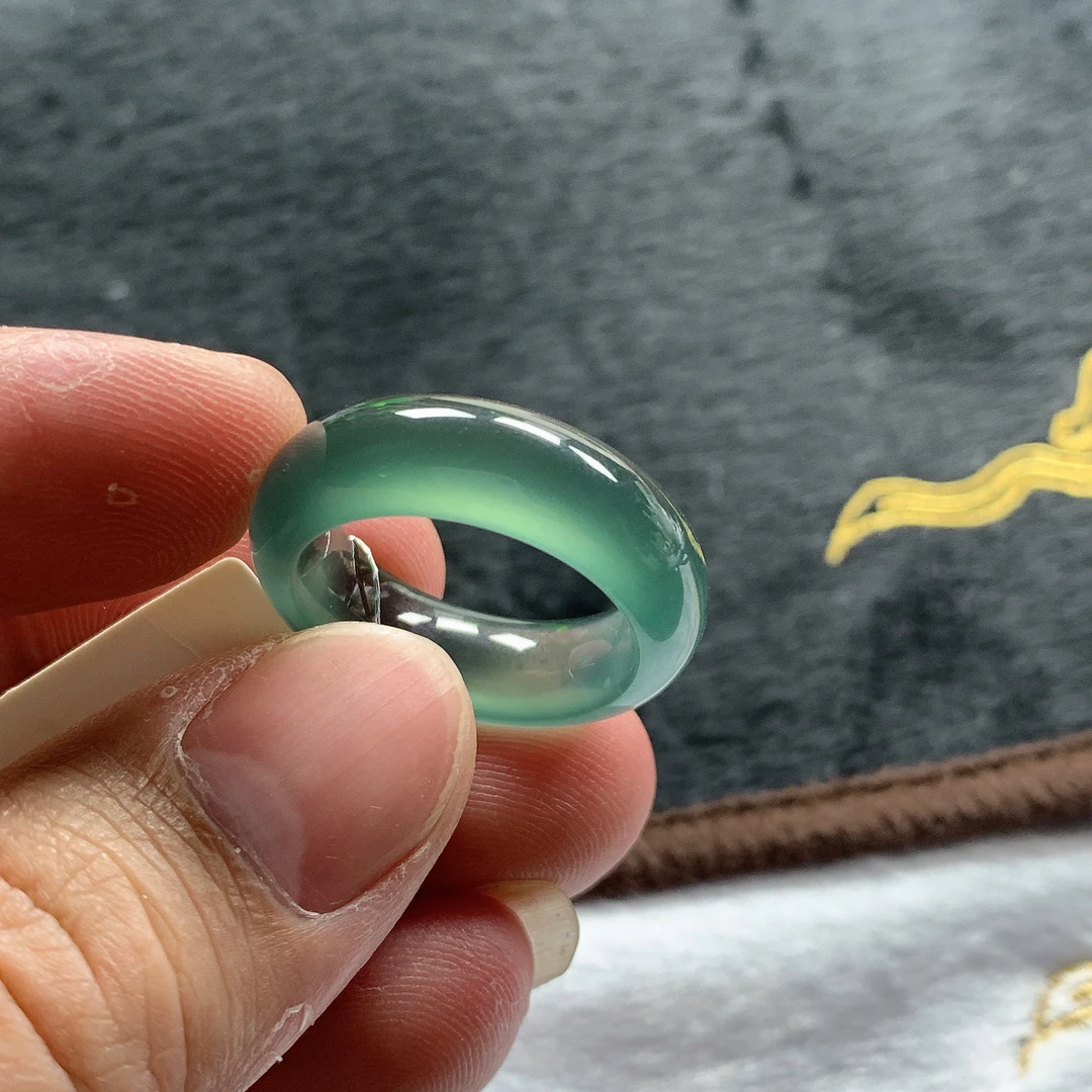 19圈口天然翡翠A货冰种起光老蓝水宽版戒指指环18.9-7.7-4.8mm
