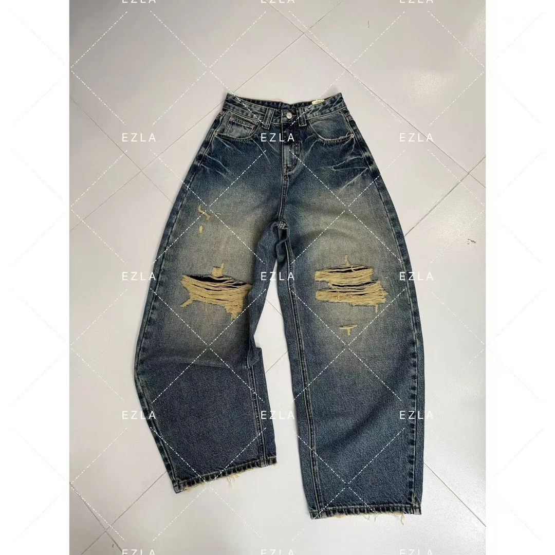 EZ8625新款2025蓝色弯刀裤洋气破洞百搭显瘦显高流行美式牛仔裤子