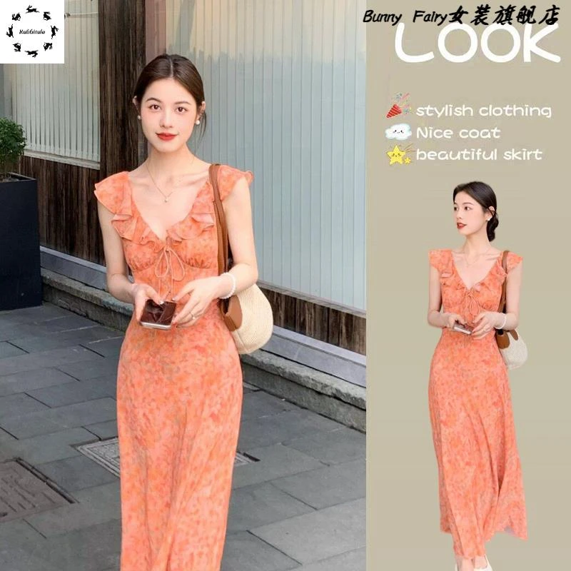 法式气质显瘦V领碎花连衣裙子女2025春夏季新款海边沙滩度假长裙