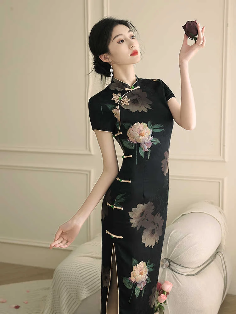 黑色旗袍新款2025新款复古民国风新中式连衣裙夏季高端大气上档次