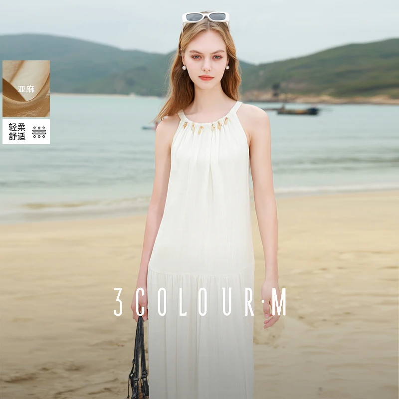 【亚麻连衣裙】三彩2025夏季新款挂脖无袖宽松A字裙小白裙长裙女M