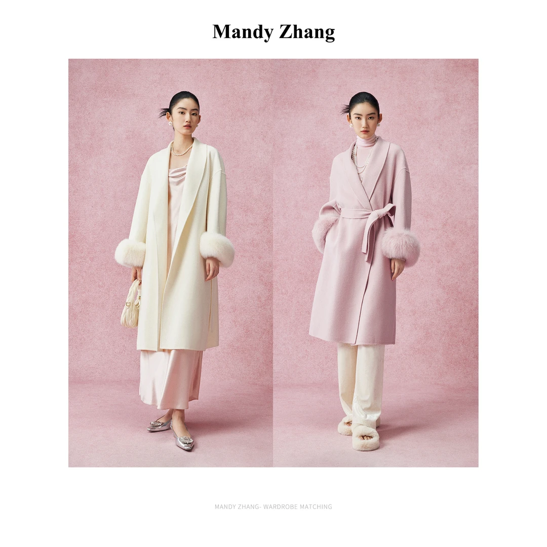 【陈大可专属】MandyZhang粉色双面毛呢大衣外套女24新款